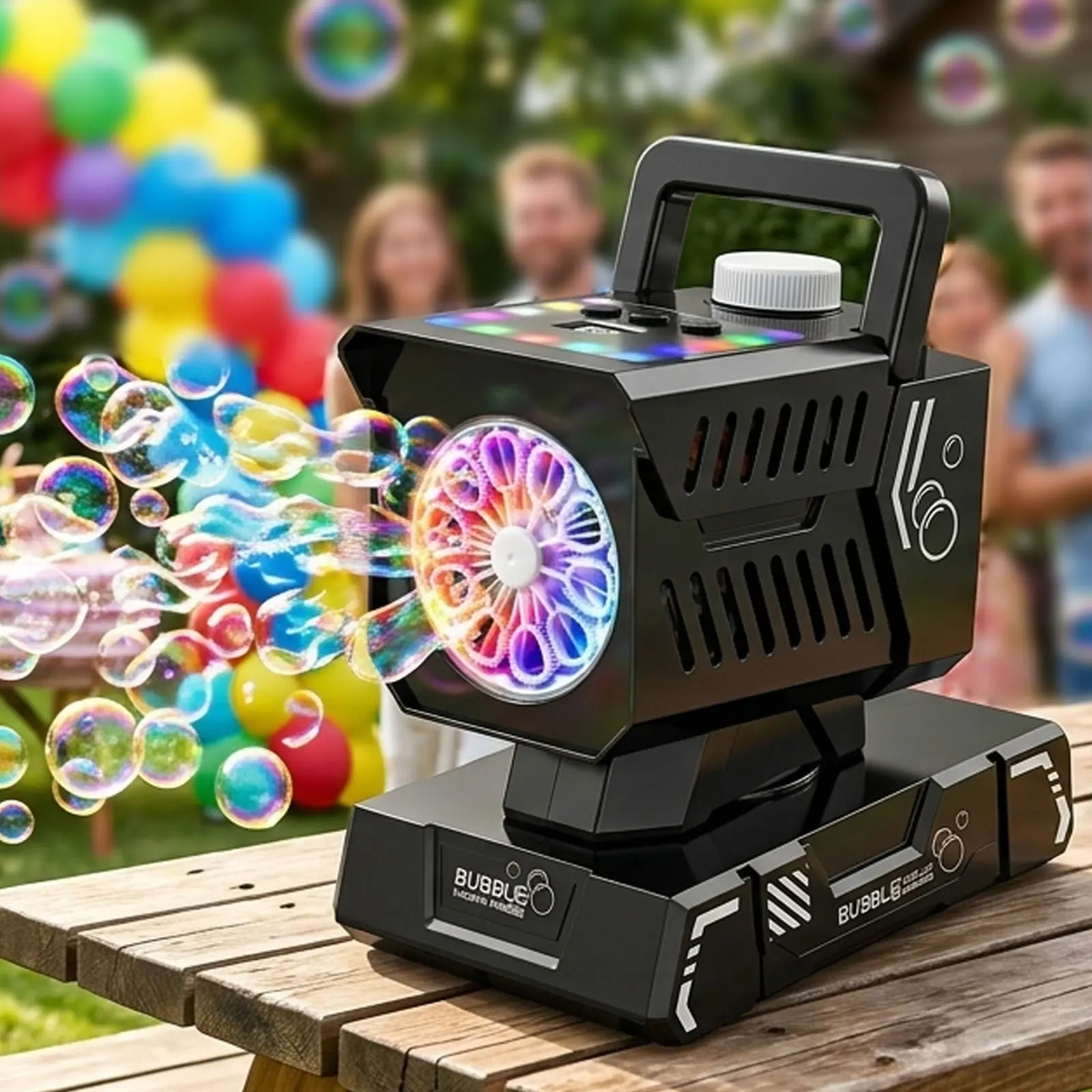 Fikomash Upgraded 98ft Remote Control Rechargeable Bubble Machine for Kids, 100-Min Playtime, 10 RGB Lights & Auto Rotating, Portable Outdoor Bubble Blower for Party, Wedding, Backyard, Dog Toys (1800mAh)