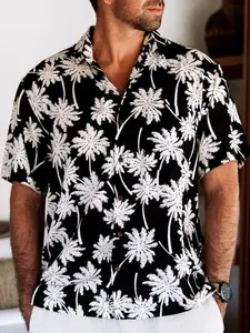 Men's Black Short Sleeve Fitted Shirt with White Palm Tree Geometric Print, Tropical Aloha Style, Breathable Casual Wear for Beach Vacation and Summer Parties