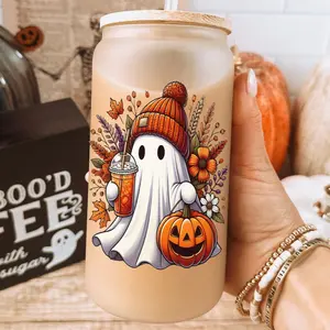 Floral Ghost Glass Cup With lid and Straw, Halloween Pumpkins 16oz Frosted Glass Tumbler with Bamboo Lid, Spooky Season Iced Coffee Gift