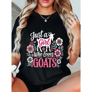 🎉 100% Cotton Unisex Goat Farm Just a Girl Who Loves Goats T-Shirt Casual Graphic Printed Tee