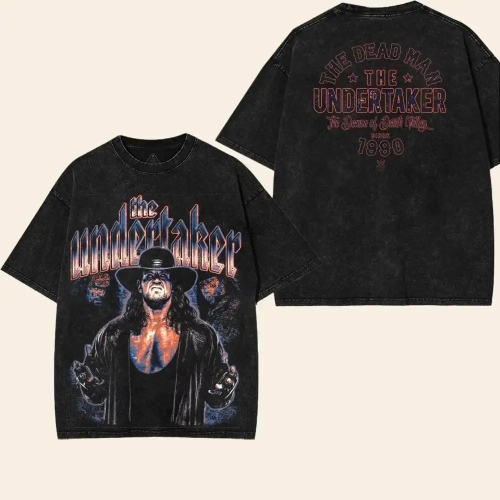 REtro The Undertaker Washed T-Shirt Wrestling Shirt WWE Fans WWE Tee Menswear Cotton Crewneck Premium American Made Acid Washed 100% Cotton Fabric Top Streetwear Tropical Seamless