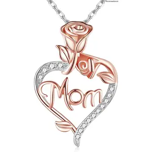 Rose Gold Heart Mom Necklace, Sterling Silver Love Pendant With Cubic Zirconia, Mother's Day Jewelry Gift tiktokshopspringglowup