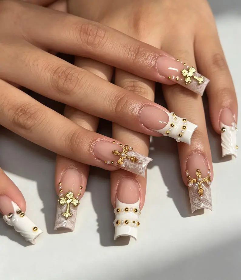 Luxury Reusable Press-On Nails | White Almond, 3D Floral & Gold Rhinestone Details Multicolor