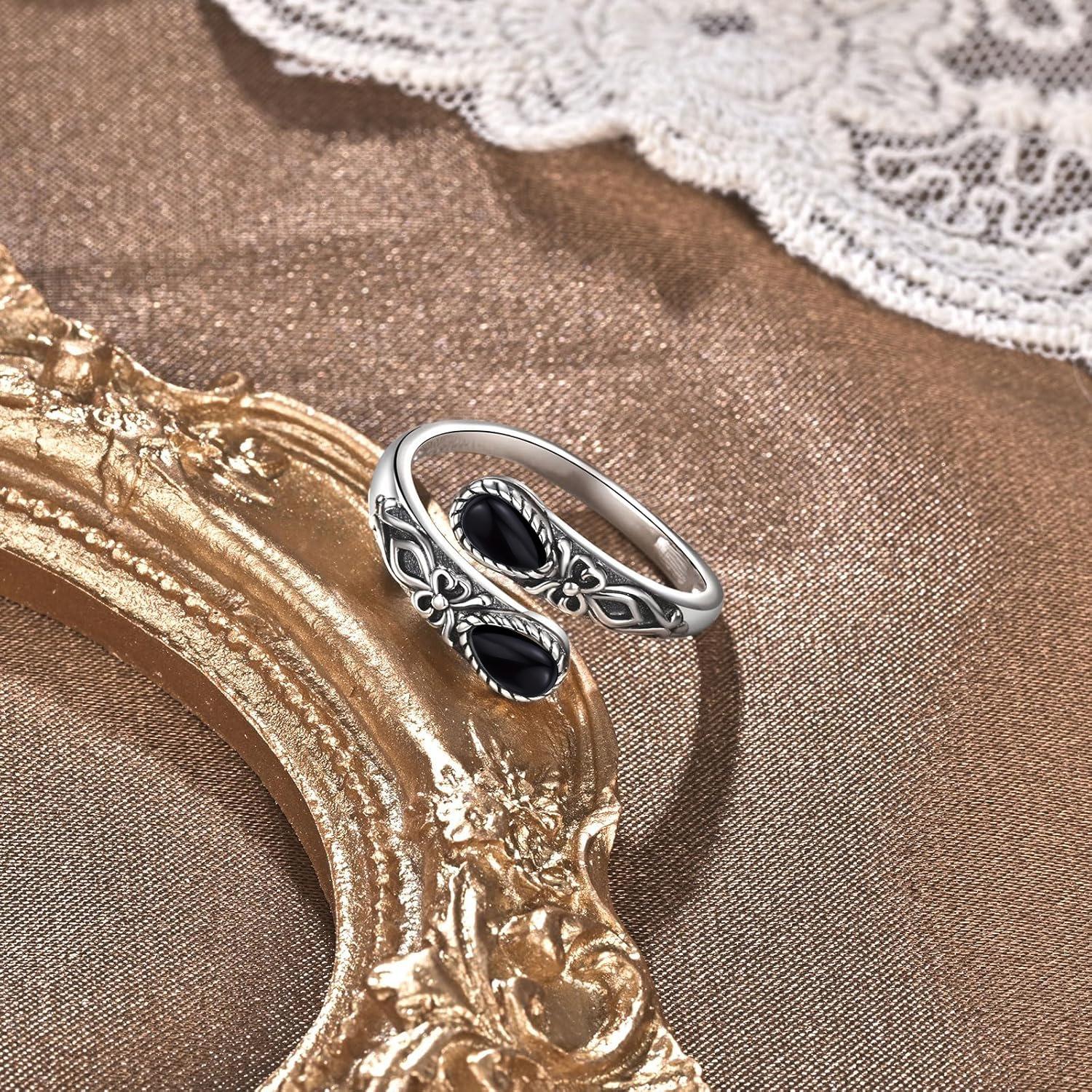 September Laurel Vintage Celtic Knot Black Onyx Ring, 925 Sterling Silver Open Ring, Retro Ornament Adjustable Band for Women, Ideal Gift for Mother’s Day & Birthdays Wedding Engagement Ring Wedding Rings