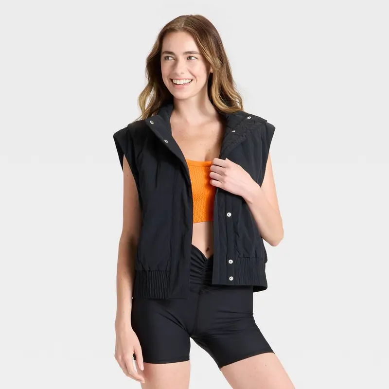 JoyLab Women's Game Day A-Type Casual Fit Sleeveless Solid Nylon Crepe Tank Top - Basic Casual Vest, Women's Tops Garment, Front Snap Closure, Recycled Polyester Lining, Ribbed Fabric, Back Yoke, Hip Chic Style for Multi-Season Wear