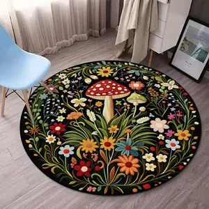 Mushroom Floral Round Rug, Soft Comfortable Non-Slip Carpet, Easy Clean, Floral Washable Rug, Floral Rugs, Ideal for Living Room Bedroom Bathroom Kitchen Hallway Home Decor