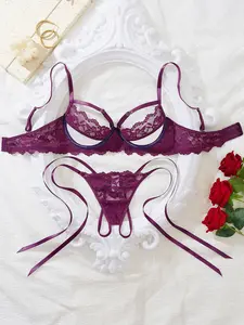 Dark Purple Lace Sheer Lingerie Set Satin Strap Underwire Sexy Two Piece Outfit For Date Night Valentine’s Private Party Underwear Sets