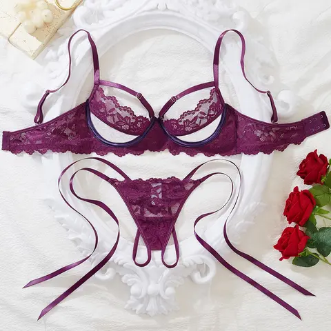 Dark Purple Lace Sheer Lingerie Set Satin Strap Underwire Sexy Two Piece Outfit Underwear Women For Date Night Valentine’s Private Party Underwear Sets