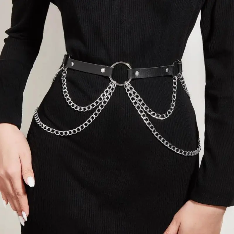 Women's Punk Style Chain Decorated Studded Belt Buckle Harness Belt, Fashionable Adjustable Harness Belt for Party, Daily Clothing Decor, Trendy All-match & Exquisite Belt for Birthday Gift Chain Belts, Belt With Buckle Stylish Belts Cool Belts
