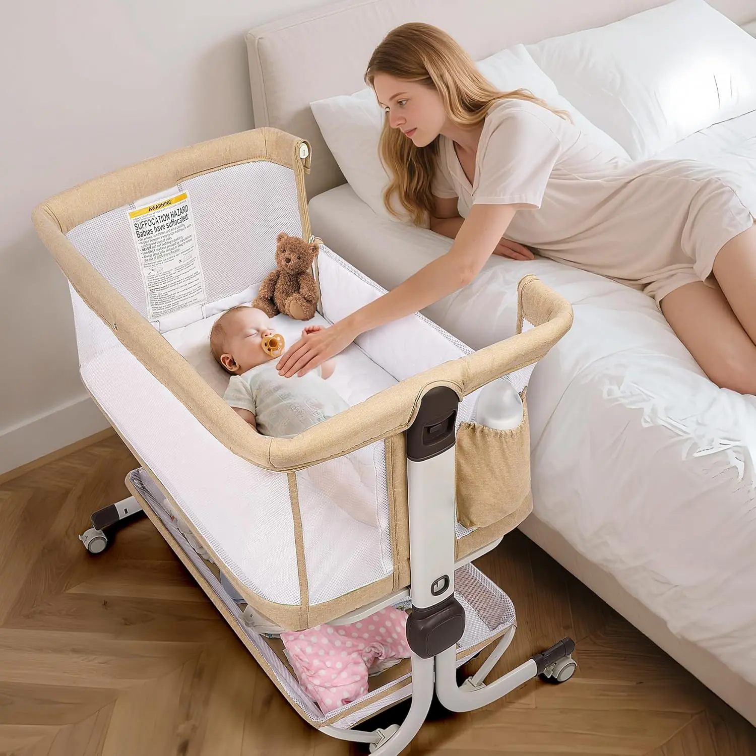MOMFANN Baby Bassinet Bedside Sleeper, Upgraded Stability Bedside Crib with Full Mesh Sides, Soft Sheet, 6-Height Adjustment, Storage Basket, Easy Folding Portable Bassinet for Newborns, Oatmeal