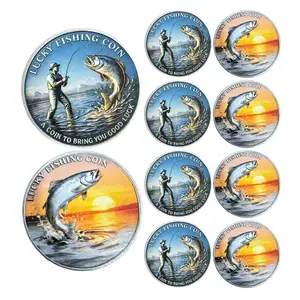 10pcs/Set, Lucky Fishing Coin, Outdoor Angling Commemorative Coin, Color Printed Metal Collectible Coin, Good Luck Gift for Fishing Enthusiasts