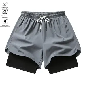 Women’s athletic shorts — casual gym shorts for running, faux two-piece design to prevent exposure; polyester–spandex knit compression base layer pants with quick-dry breathability and an elastic drawstring waist, Mid Waist, Polyester Blend,summervibes