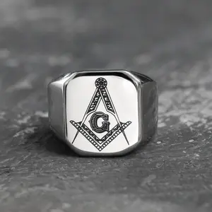 GTHIC Ag Symbol Polished Stainless Steel Masonic Ring Statement Jewelry for Men Daily Wear Father's Day Gift