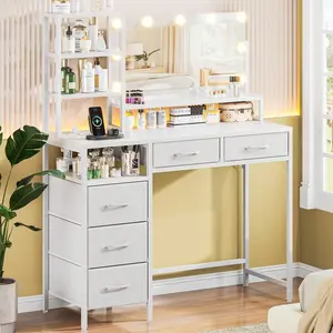 Vanity Desk With Mirror And Lights, 3 Color Modes With Adjustable Brightness, 5 Spacious Fabric Drawers & Open Storage Shelves, Modern Makeup Vanity Table For Bedroom