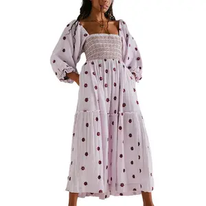 Women Long Dress, Long Sleeve Dress Square Neck Embroidery Flower Loose Swing Dress