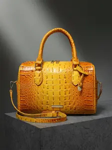 Crocodile Embossed Boston Bag, Women's Yellow Ombre PU Leather Top Handle Purse with Detachable Crossbody Strap