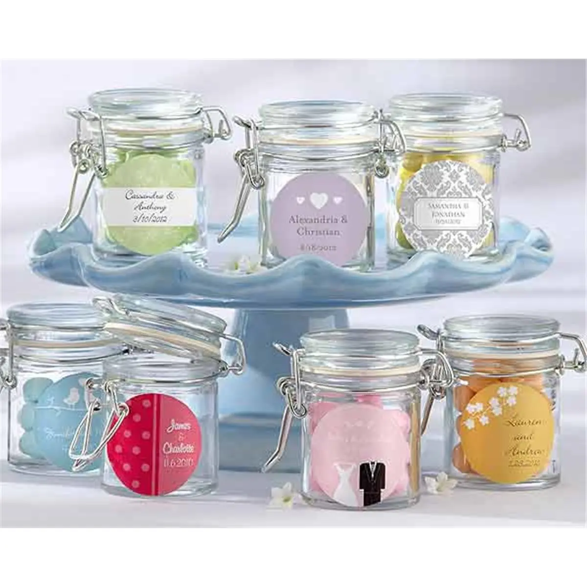 212 MAIN Personalized Glass Favor Canister Jars - 12-Piece Airtight Container Set, 3.78oz Mini Glass Body, Metal-Lidded Kitchen Jars with Personal Stickers for Baby Party Favors