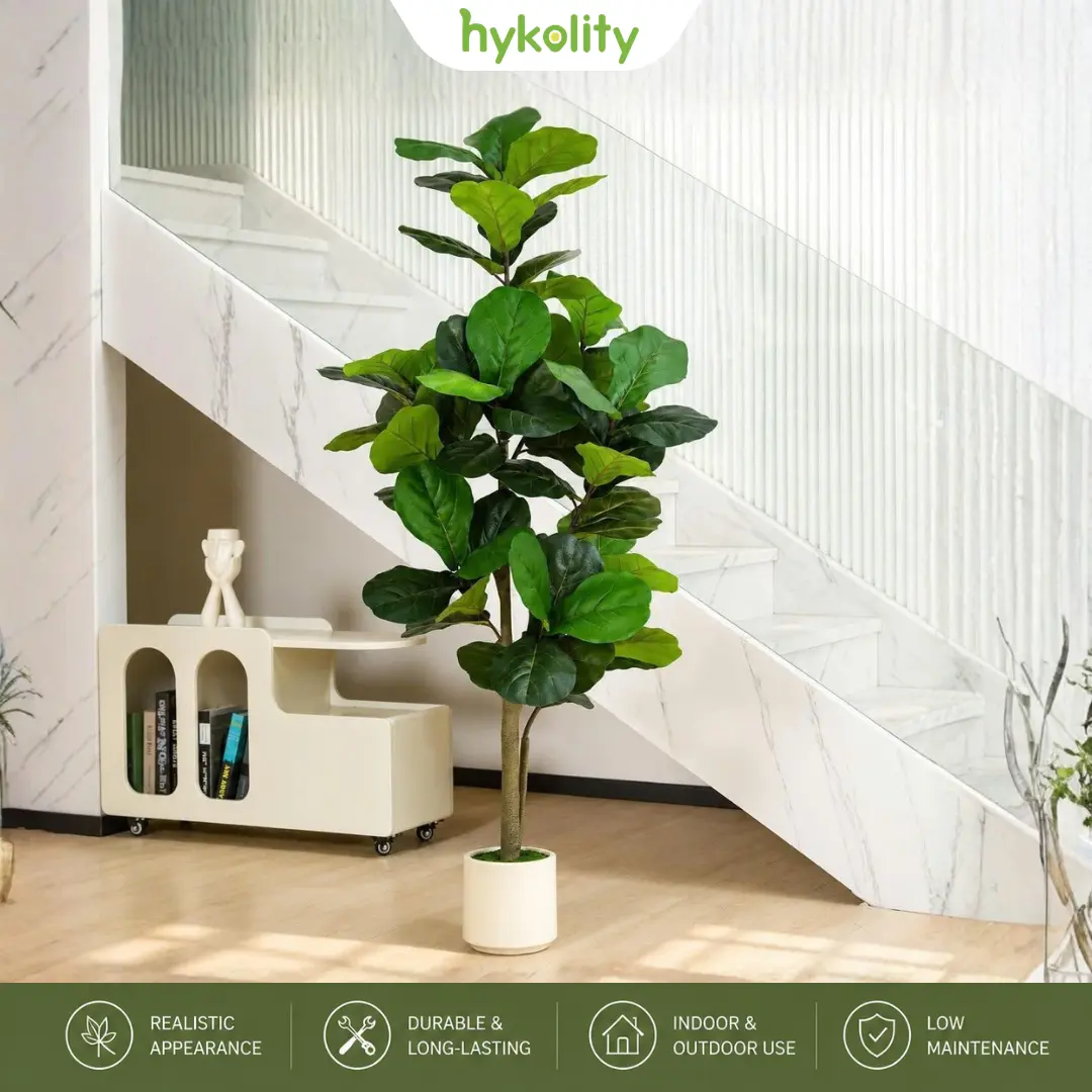 5FT/6FT Fiddle Leaf Fig Artificial Tree with White Planter Pot,Faux Floor Plant, Indoor and Outdoor Fake Plants with Realistic Leaves for Home & Office Decor