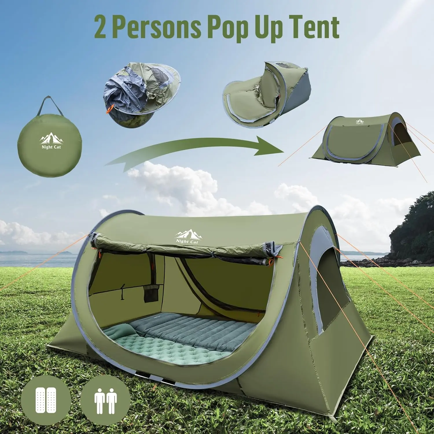 Night Cat 2-3 Person Pop-up Tunnel Tent for Camping, Waterproof 190T Polyester Fabric with Instant Setup, 2 Large Doors & Cool Ventilation, Tents For Camping, Outdoor Canopy Solutions, Camping Tent For 2