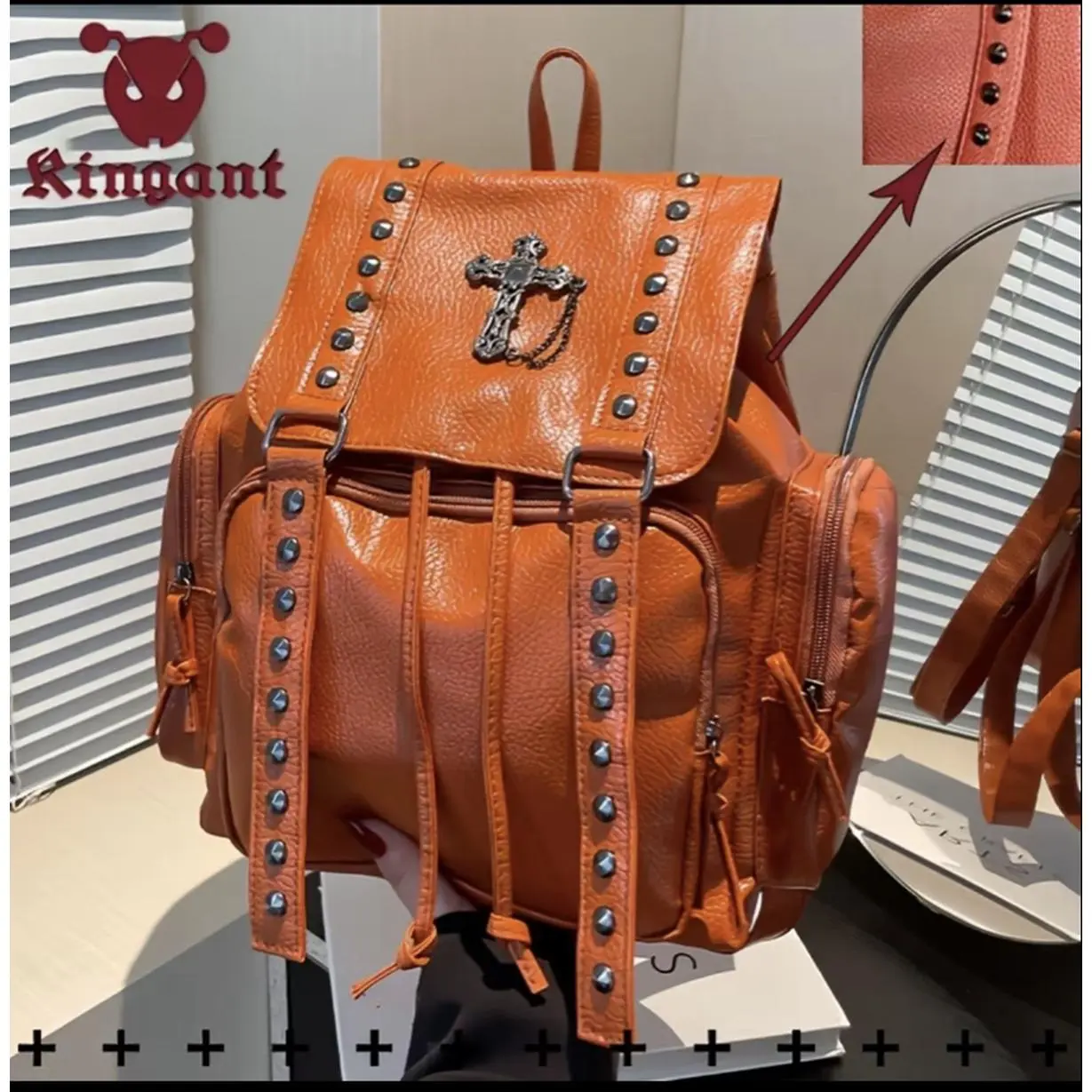Kingant Orange Studded Cross Design Backpack with Multiple Pockets and Adjustable Straps for All Colors