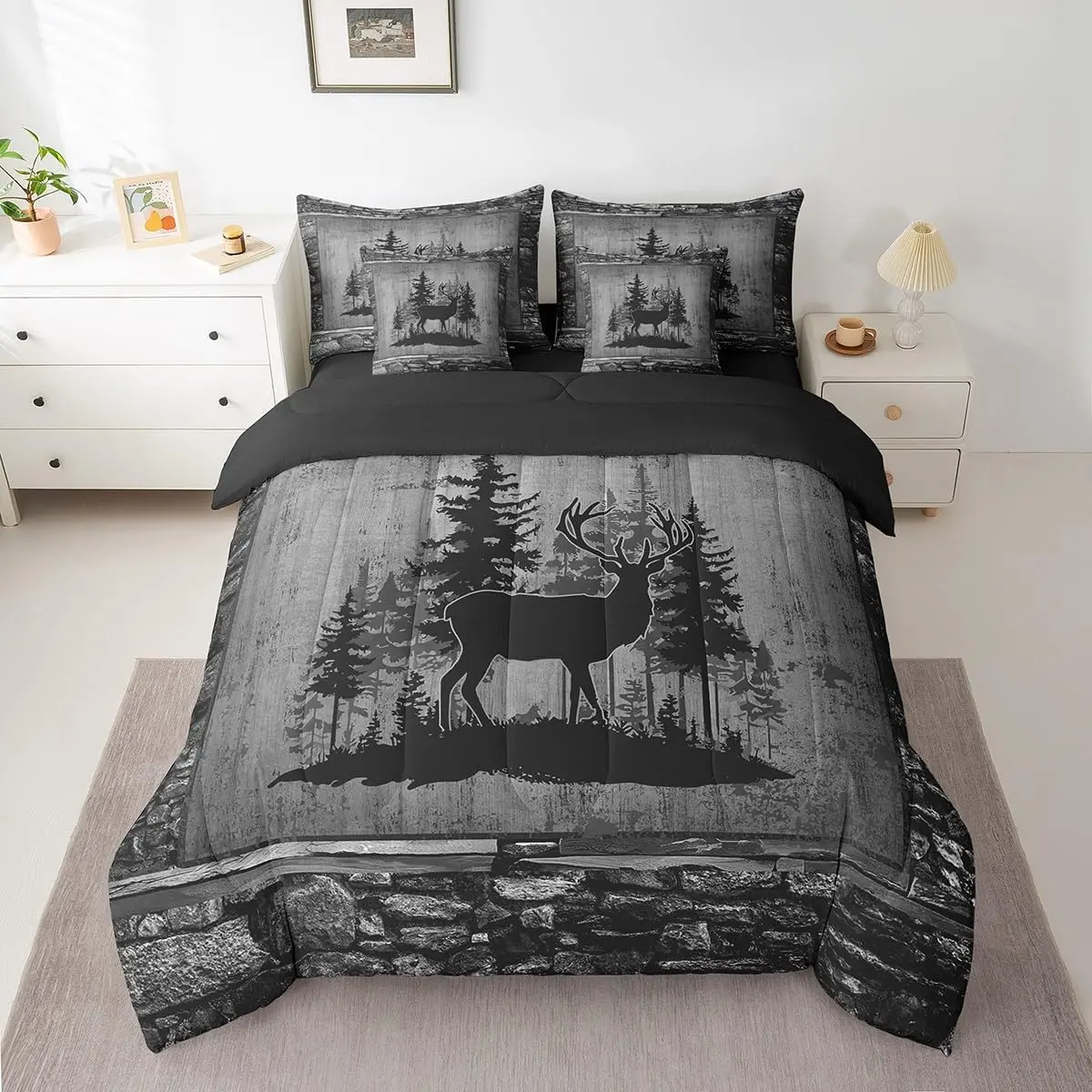 Feelyou 7-Piece Deer Comforter Set with Sheet Set - Rustic Hunting Decorative Bedding, Cabin Lodge Bed-in-a-Bag, Farmhouse Grey Nature Wildlife Antlers Bedding, Decorative Bedding Set, Includes Sheet Set
