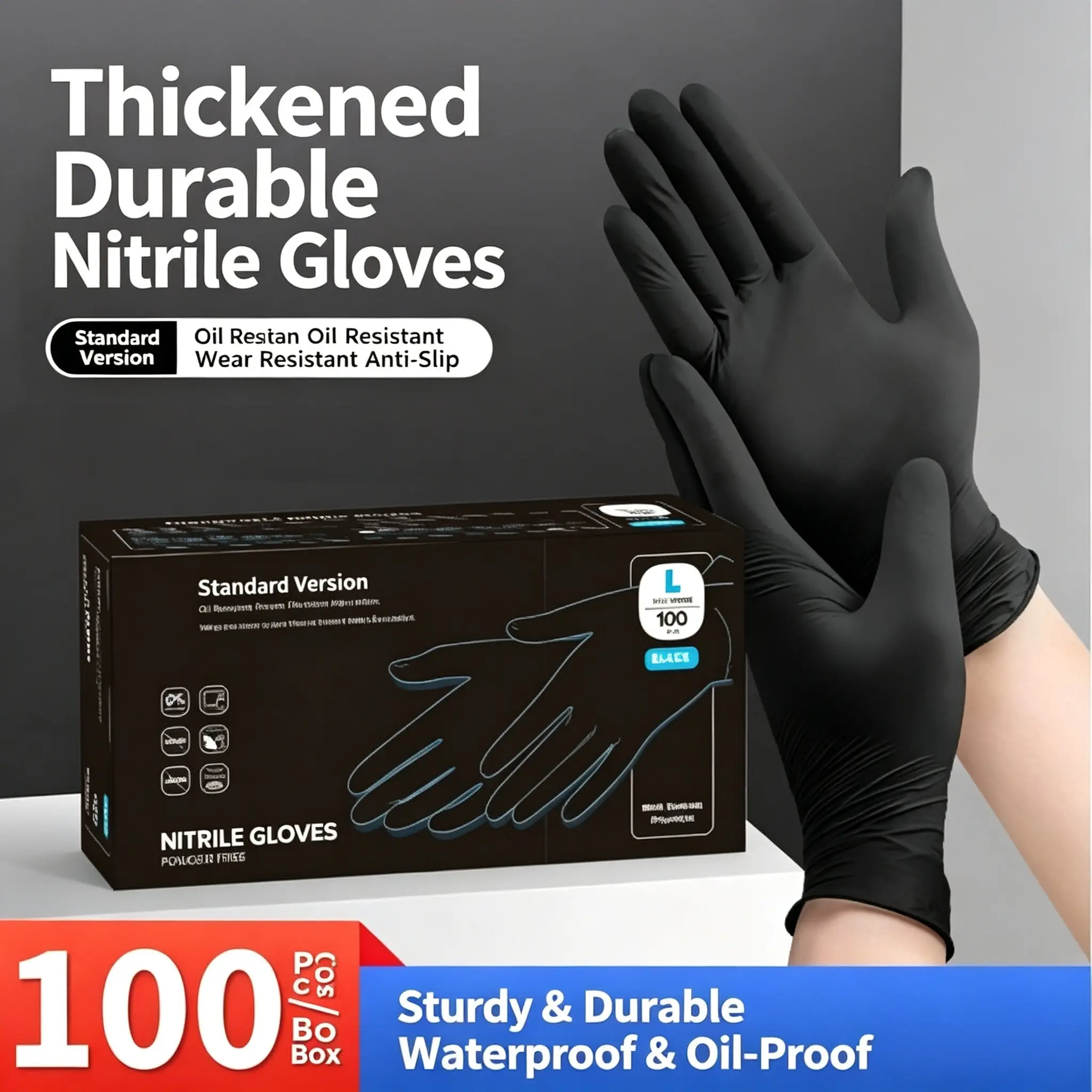 100-piece pack of disposable PVC black nitrile gloves, waterproof and latex-free, suitable for car repairs, food safety, and hair dyeing work gloves