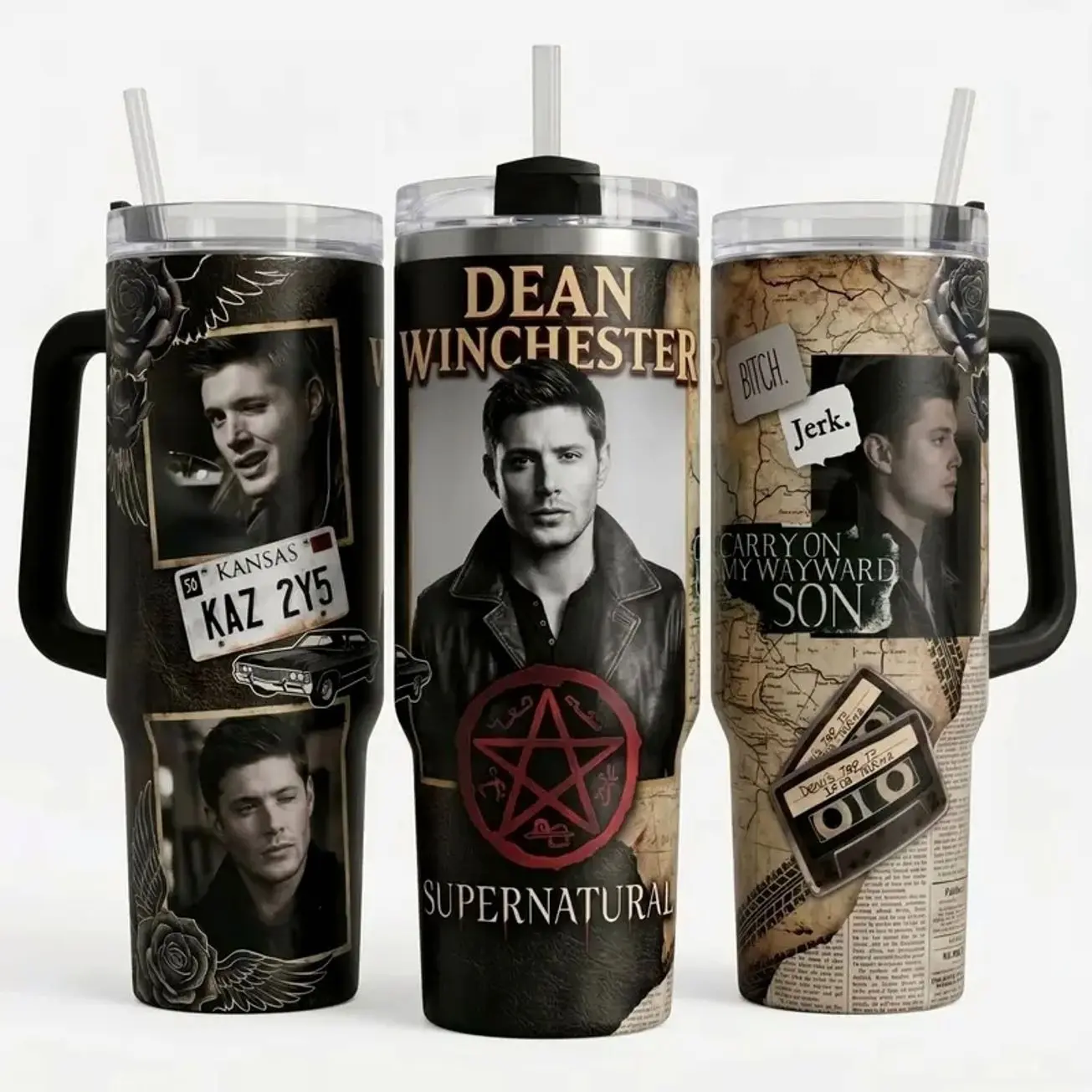 Supernatural Dean Winchester 40oz Tumbler – Vintage Hunter Style Stainless Steel Travel Mug with Handle