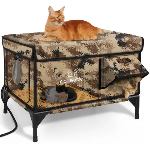 Indestructible Heated Cat House for Outside Winter, 100% Waterproof, Safe Escape Door, Insulated Outdoor Cat Shelter with Heater for Feral Barn Cat Kitty