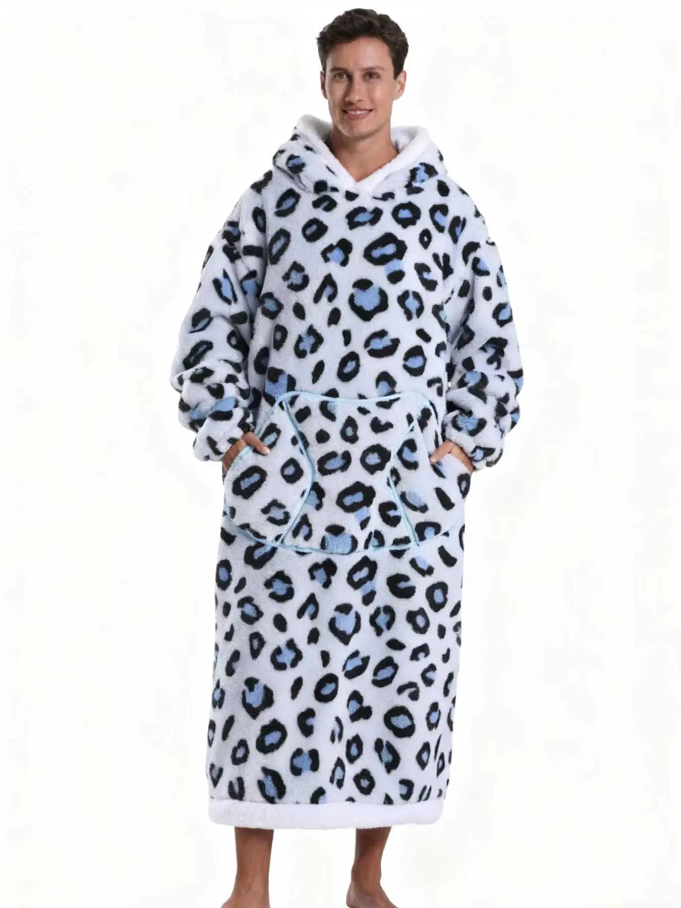 Men's Hooded Winter Sleepwear Set, Warm Lazy TV Blanket Pajamas, Oversized Thick Lamb Fur Sweatshirt, Halloween Costume, Christmas Gift, Leopard Print Robe