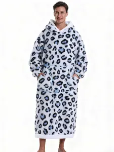 Men's Hooded Winter Sleepwear Set, Warm Lazy TV Blanket Pajamas, Oversized Thick Lamb Fur Sweatshirt, Halloween Costume, Christmas Gift, Leopard Print Robe