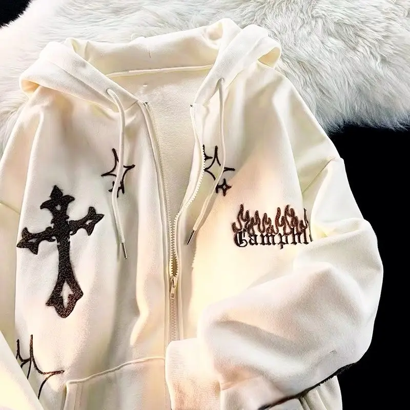 Hoodie OG - Light Beige Hoodie with Cross Design, Front Zipper, and Clasped Sleeves