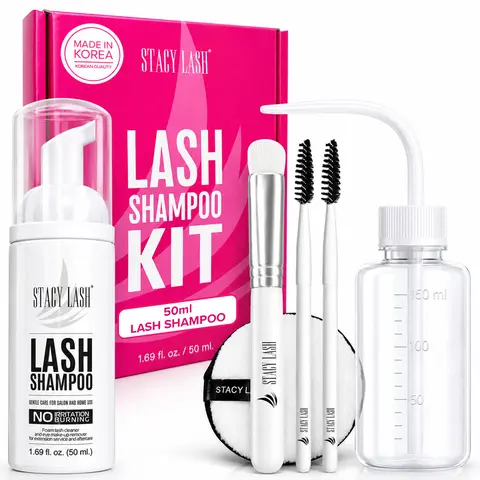 STACY LASH Lash Shampoo Kit Cleanser with Spoolies & Bottle & Cleansing Pad & Brush for Extensions for Clusters & Natural Eyelashes & Makeup Remover