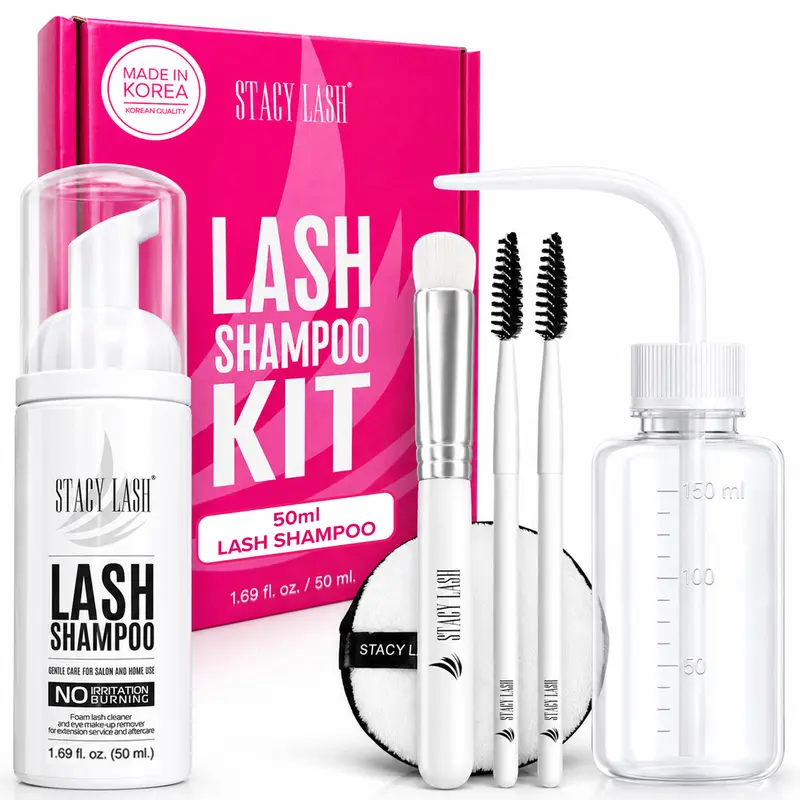 STACY LASH Lash Shampoo Kit Cleanser with Spoolies & Bottle & Cleansing Pad & Brush for Extensions for Clusters & Natural Eyelashes & Makeup Remover
