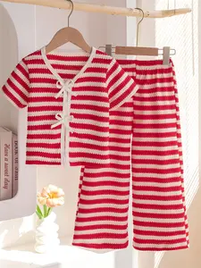 Girls' Casual Long Pants Set, Simple Striped Bow Decor Short Sleeve Top, Wide Leg Pants, Summer, Striped Sets