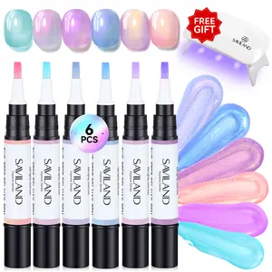 SAVILAND One-Step Gel Nail Pens with Lamp, 6 Pearl Colors with Base + Color + Top in One, Travel-Friendly Aurora Nail Set (UV Needed)