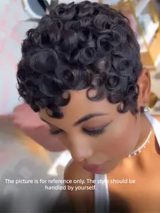 Women's Short Pixie Cut Wig, Human Hair Full Machine Made Wigs, Curly Textured Human Hair Wigs, Stylish and Natural Look