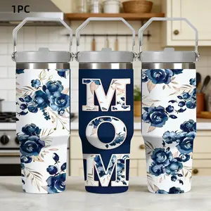 1pc 30oz Stainless Steel Insulated Mug - Mother's Day Gift! All-over floral print with handle and straw. Suitable for portable outdoor, sports, and indoor use. Birthday/Holiday Gift - Large Capacity Water Bottle Stainless Tumbler Insulated Drink Tumbler