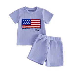 Baby Boy Clothes Independence Day Outfit USA Flag Chenille Embroidery Waffle Knit T-Shirt Shorts 2Pcs Set 6M 12M 18M 24M 2T 3T 4th Of July Outfits, Short Sleeves