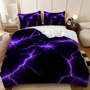 Bedding 3-piece set - 3PCS,Purple and black lightning abstract pattern down comforter set (1 comforter cover + 2 pillowcases, filling not included). soft and comfortable, suitable for family bedrooms. Bed Sets