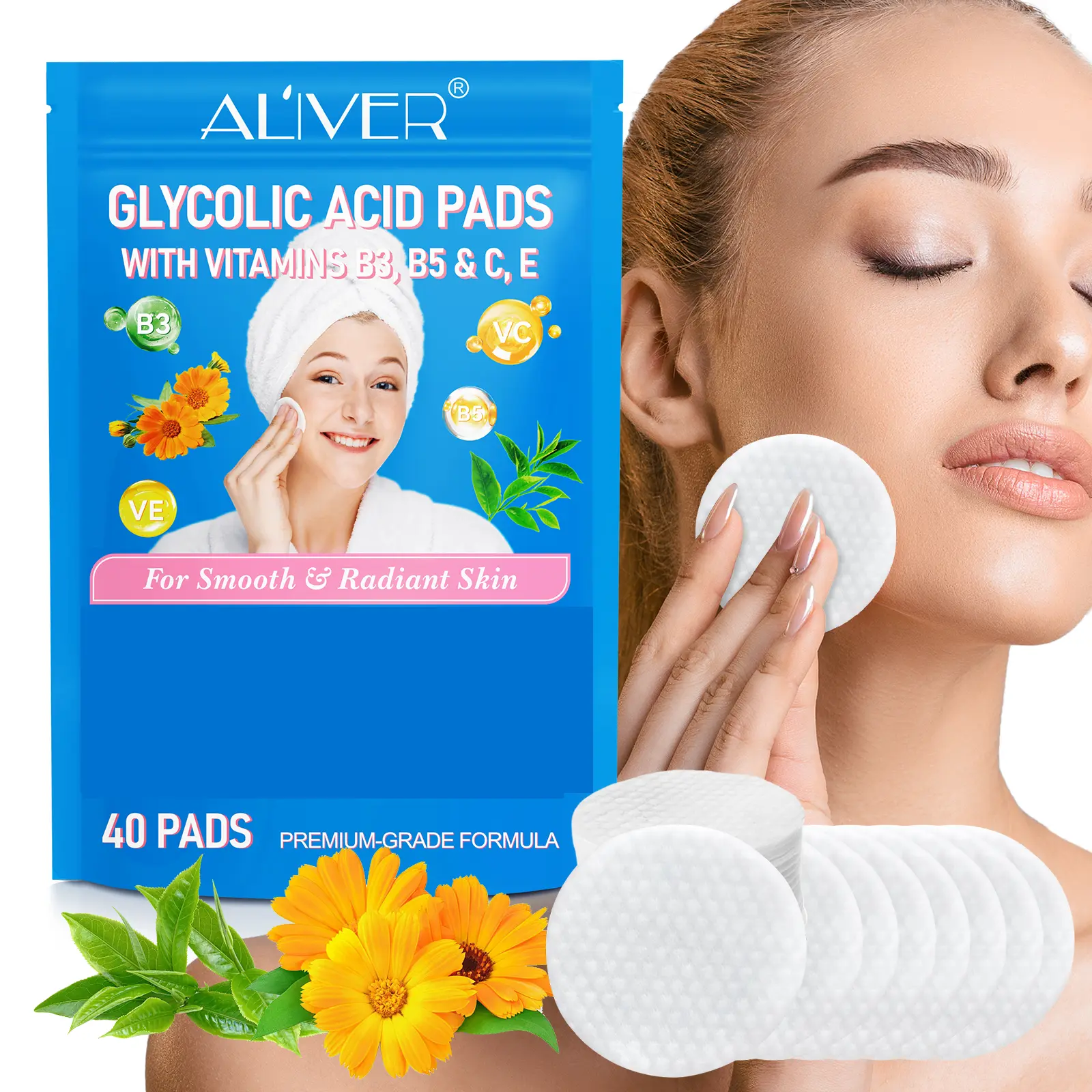 ALIVER Glycolic Acid Pads for Adults - Vitamin B5,C,E-Infused, Exfoliation, Smooth Skin Routine, Selfcare, Dull Fix, Acne Care, Dry Relief - 40-Count All Skin Types Skincare Face Scrub/Peel Item, Youthful Skin