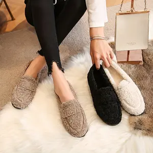 Comfortable Plush Lined Solid Color Loafers - Women's Casual Slip On Flat Shoes for Winter Girl Black Footwear Flatform
