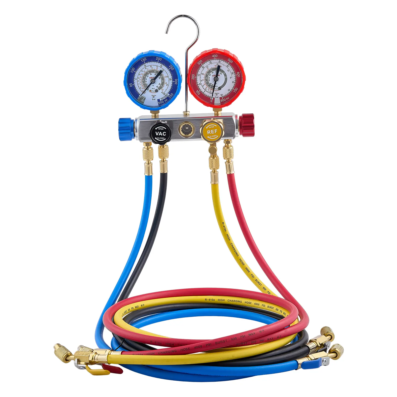 【summerfinds】VEVOR 4-Way Dual-Scale AC Manifold Gauge Set with 5 ft 4 Color-Coded Gasketed Hoses, Brass Fitting for R22 R404A R410A R12 Refrigerants, Residential Automotive AC Maintenance, Refrigerant Test Vacuum/Charge