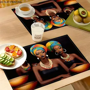 2D flat printing, 2-piece/4-piece 6-piece set, African style dining table, coffee table, and home decor placemat set -12inch * 18inch durable linen table mat, suitable for kitchen and dining room decoration, machine washable rectangular placemat