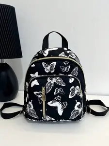 Waterproof Lightweight Butterfly Pattern Backpack, Polyester Material, Zip Front Design, Ideal for Students and Outdoor Activities