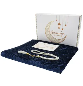 Luxury Velvet Prayer Rug Ramadan Gift Box Set with Prayer Beads - Paisley Navy Blue