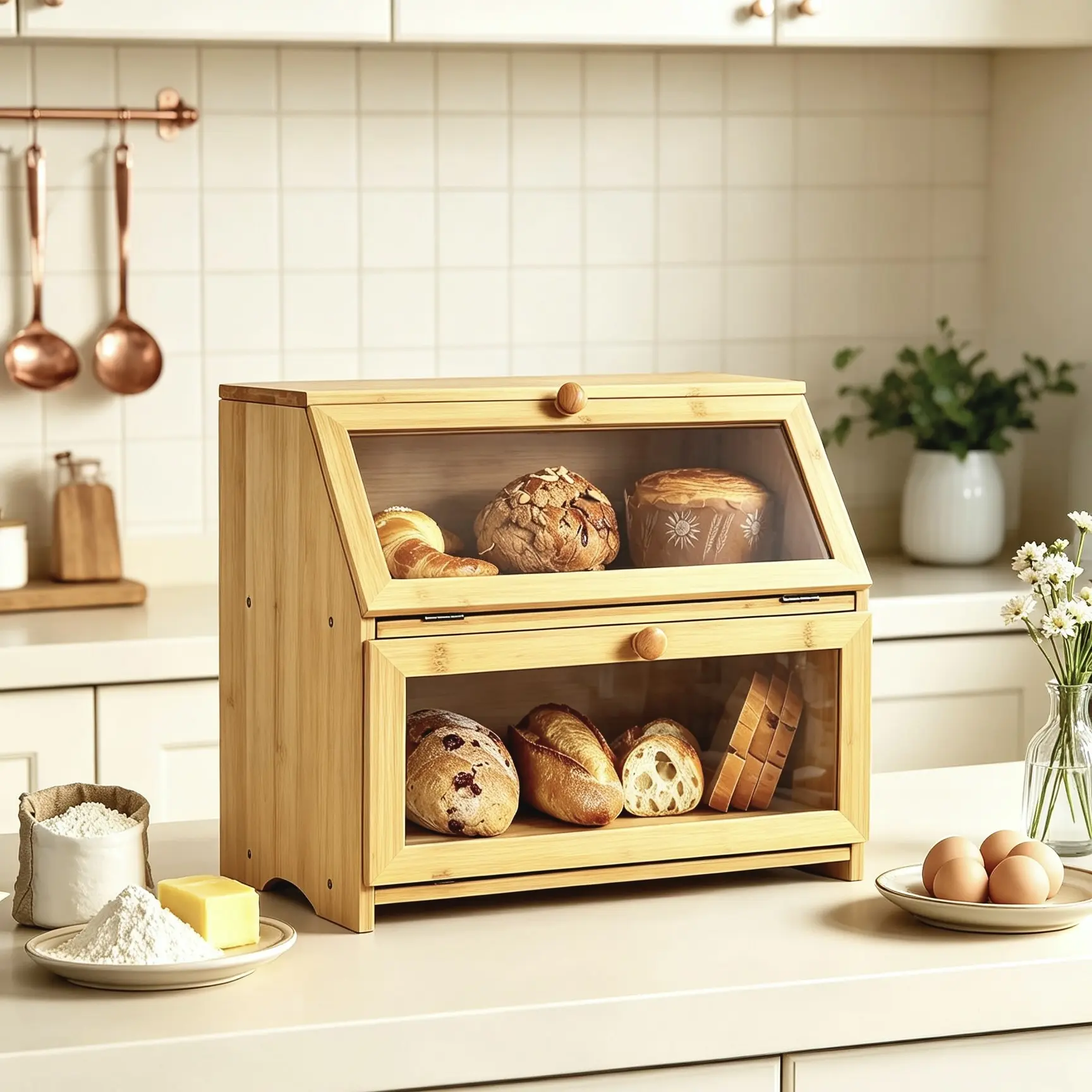 Double-Layer Bamboo Bread Box with Window - Large Capacity Rustic Kitchen Counter Storage Bin for Baked Goods, Baking Utensils, Pantry Organisation & Preservation