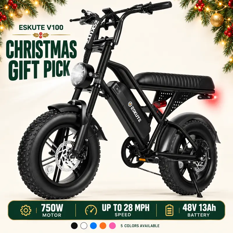 ESKUTE V100 Electric Bike for Adults, 750W Motor, Up to 28 MPH, 48V 13Ah Removable Battery, 16" x 4" Fat Tires, Dual Suspension, Christmas Gift,outdoorfun