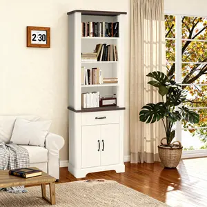 72" Wood Bookshelf with 2 File Drawers, Adjustable 4 Shelves for Home Office or Living Room Storage