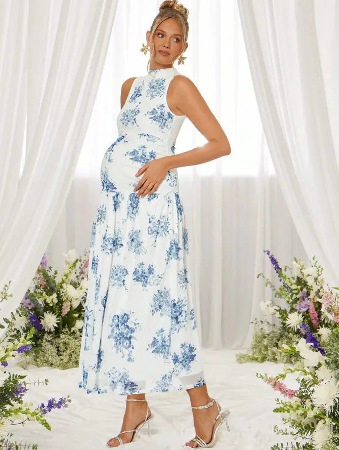 MAGICMOM Elegant Floral Print Sleeveless Maternity Dress For Summer,Gender Reveal Dress,Maternity Dress,Baby Shower Dress