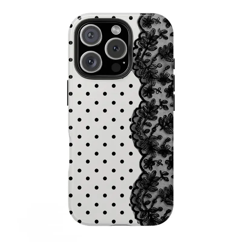 Polka Dot and Black Lace Pattern Phone Case — Compatible with Samsung S26/S25/S24/S23/S22/S21, iPhone 17/16/15/14/13/12/11 phone cases. Drop-Resistant, Non-Slip, and Fade-Resistant.The Perfect Gift for Vintage and Feminine Style Lovers.
